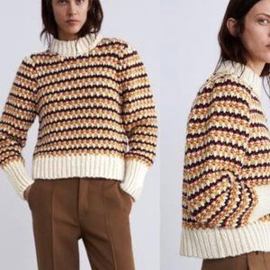 Zara Small Chunky Knit Striped Sweater Yellow Red Mock Neck